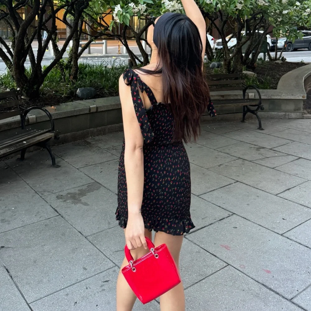 Free People Black & Red Sheath Mini Dress w Bow Tie Shoulder Straps - Size Small - Picture 11 of 14